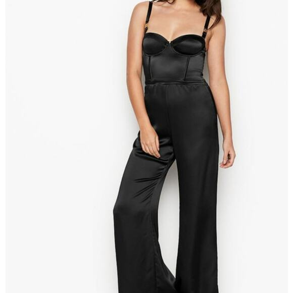 Victoria's Secret Pants - Victoria's Secret Bustier Black Satin Sexy Jumpsuit Women's Size XL